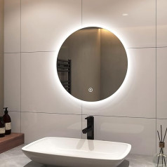S'AFIELINA Bathroom Mirror with Lighting, Round, 50 cm Diameter, LED Bathroom Mirror with Touch Switch, Dimmable, Round, Cool White, 6500 K, IP44, Energy Saving