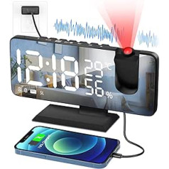 PEYOU 7.4 Inch Alarm Clock with Projection, Radio Alarm Clock with USB Charging Port, Digital Alarm Clock, LED Mirror Screen, Temperature and Humidity Display, Snooze Double Alarm Clock, Desk Wall