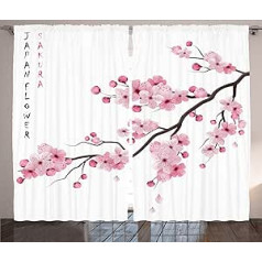 ABAKUHAUS Asian Rustic Curtain, Japanese Cherry Branch, Bedroom Ruffle Tape Curtain with Tabs and Hooks, 280 x 225 cm, White Pink