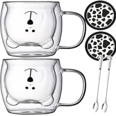 Arawat Double-Walled Glasses Bear Cup Cute Tea Glasses Set of 2 Coffee Cups with Handle Coffee Glasses 250 ml Tea Cup with Spoon Coaster Cute Cappuccino Glasses Birthday Christmas Cup Gift