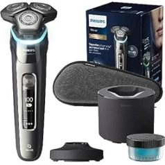 Philips Shaver S9000 – Elektrischer Nass-& Trockenrasierer für Männer, Dunkelchrom, Lift & Cut System, SkinIQ Technologie, Barttrimmer, Reinigungsstation, Ladestation & Reiseetui (модель S9974/55)