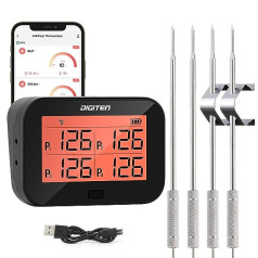 DIGITEN Bluetooth Grill Thermometer Wireless Meat Thermometer with 4 Probes BBQ Thermometer Smoker Thermometer Instant Read Thermometer Smart Rechargeable Food Thermometer