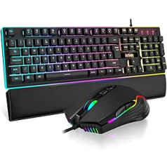 RedThunder K10 Wired Gaming Keyboard and Mouse UK Layout Real RGB Backlit Ergonomic Anti-Ghosting Keyboard + 7D 7200 DPI Mouse for PC Mac (Black)