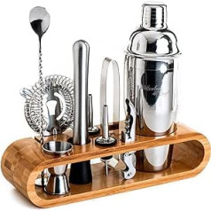 Mixology & Craft Cocktail Set (10 Pieces) - Elegant Cocktail Shaker Set with Stainless Steel Shaker and Bar Accessories in Bamboo Wooden Stand - Decorative Gift Set - Silver