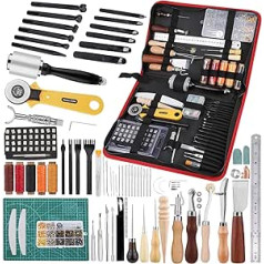 Leather Work Tools, Leather Craft Kit, Leather Tool Kit with Leather Stamping Tools, Leather Rivets Kit, Groover Cutting Mat, Prong Punch Storage Bag for Beginners
