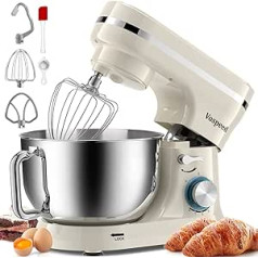 Vospeed Food Processor Kneading Machine, 1000 W 5QT 8 Speed Food Processor with Stainless Steel Bowl, Dough Hook, Whisk, Whisk, Whisk - Dishwasher Safe (White)