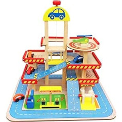 Balinco Children's Parking Garage with 3 Floors, Lift, Ticket Switch, Car Wash, Petrol Station, 4 Cars, Helicopter Wooden Toy from 3 Years