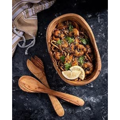 DARIDO Oval Olive Wood Rustic Bowl with Salad Servers - Handmade - Approx. 18 cm - Wooden Salad Bowl - 18 cm Rustic Wooden Bowl - Decorative Bowl - Snack Bowl Wood - Fruit Bowl - Wooden Bowl