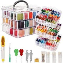 Handi Stitch Embroidery Thread Set - (187 Pack) - Cross Stitch Set with 3-Stage Transparent Yarn Storage Box - 150 Colour Strands on Paper Spools - Colourful Wool for Crafts & Friendship Bracelets