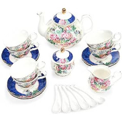 fanquare 15 Pieces Blue Flower Porcelain Tea Service, Pink Flower Ceramic Tea Cup and Saucer Set for 6, China Coffee Set for Adults and Women