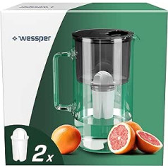 Wessper Water Filter Jug Glass 2.5 L Crystaline, Set Water Jug and 2 Filters Aqua Classic, Water Carafe for Drinking Water Compatible with Brita Classic, Dafi - Black