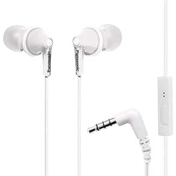 Panasonic ErgoFit Kabelgebundene Ohrhörer, In-Ear-Kopfhörer mit Mikrofon und Anrufcontroller, ergonomische, passgenaue Ohrhörer (S/M/L), 3,5-mm-Klinkenstecker für Handys und Laptops – RP-TCM125-W