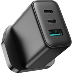 Быстрое зарядное устройство 2x USB-C USB-A 32 Вт, вилка Великобритании, 32 Вт, черный