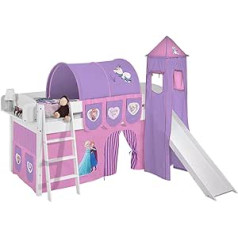 Lilokids IDA Cabin Bed in White with Slip, Tower and Purple Frozen/Frozen/Anna & Elsa Curtain. Children's Bed & Play Bed