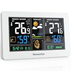 Newentor Wireless Weather Station with Outdoor Sensor, Wireless Weather Station with Weather Forecast, Temperature Warning, DCF Radio-Controlled Clock, Battery Operated and Mains Operated, White