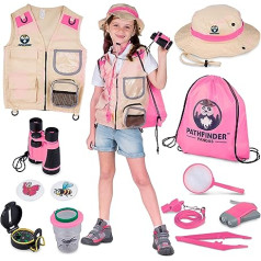 PATHFINDER PANDAS Researcher Set for Children from 6 with Safari Costume Vest, Hat, Binoculars for Children, Cup Magnifying Glass & More - Great Gift Explorer Toy Dedective Set for Boys & Girls
