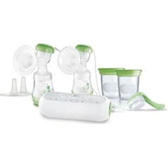 MAM Electric Double Breast Pump - 2-in-1 Breast Pump with 9 Intensity Levels and 3 Hours Battery Life - 2 Easy Start Anti-Colic Bottles & 2 Storage Jars - Green
