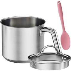 Stainless Steel Pot with Glass Lid, Multipurpose Sauce Pan, Sauce Pot with Strainer Lid and Pourers for Cooking Milk, Sauce, Sauce, Pasta, Noodles