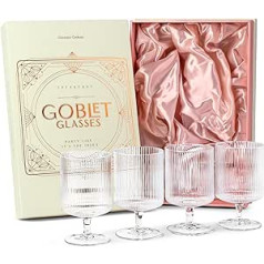 GLASSIQUE CADEAU Vintage Art Deco Ribbed Crystal Gin Cocktail Glasses with Stem | Set of 4 | 300 ml Ribbed Fancy Goblet Drinking Glasses for Cocktails