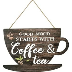 AUXSOUL Coffee Sign Wooden Coffee Sign Good Moon Starts with Coffee & Tea Hanging Sign Coffee Sign Kitchen Signs Wooden Sign Farmhouse Decoration for Kitchen Bar Decor Coffee Lovers