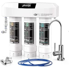 Frizzlife Certified Undersink Water Filter System with Brushed Nickel Tap 3 Stage 0.5 Micron High-Precision Removes 99.99% Lead, Chlorine, Chloramine, Fluoride, Odour