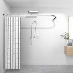 Raoot Shower Curtain Rail Drilling or No Drilling L Shape Shower Rail Adjustable Shower Curtain Angle Rods 71-102 x 112-173 cm Includes 24 Shower Curtain Rings