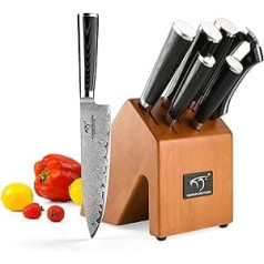 Damascus Knife Set 7-Piece and Wooden Handle, Damascus Steel Knife Block Sets, Professional Chef's Knife, Santoku Knife, Utility Knife, Fruit Knife, Bread Knife and Kitchen Scissors, Damask Kitchen