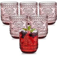 Hacaroa Pack of 6 350ml Tumblers, Vintage Water Glasses Purple Coloured Glassware Heavy Duty, Decorative Flowers Embossed Drinks Cups for Whisky, Beer, Juice, Wine