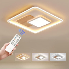 FitzMia Square LED Ceiling Light, Ceiling Light with Wood, Dimmable with Remote Control, Modern Round Wooden Ceiling Light for Bedroom, Children's Room, Living Room, Kitchen (31.5 x 31.5 cm, 30 W)