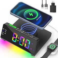 AUYLE Digital Alarm Clock with Wireless Charger, Alarm Clock Loud for Deep Sleepers, Digital Clock with Dual Alarms, Snooze and RGB Night Light, Adjustable LED Display Brightness, Night Light