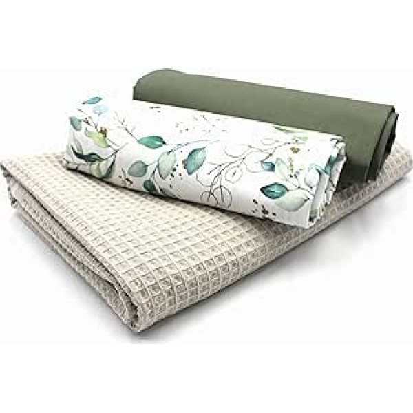 VmG-Store Waffle Pique + Cotton Fabric Set, Colour-Coordinated Waffle Fabric, 100% Cotton Fabric, Tex Standard 100 (Flowers Mint Set42)