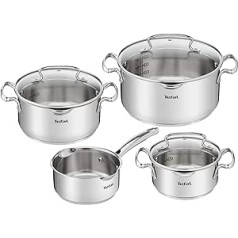 Tefal Duetto Set of 7: 3 Saucepans 16/20/24 cm, 1 Saucepan 16 cm, 3 Lids, Stainless Steel, 3 Glass Lids, Measuring Marks, Suitable for All Hobs Suitable for Oven and Dishwasher