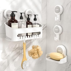 Luxear Duschablage Ohne Bohren+Seifenschale mit Ablauf+2 Saugnapf Haken, 4 Pack Badezimmer Organizer Set, Duschkorb Regal für Shampoo Duschgel, Saughaken Extra Stark für Dusche Fliese Bad Küche Wand