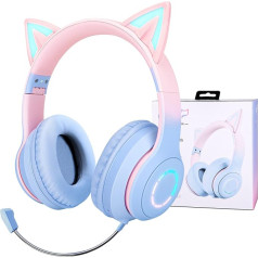 Детские беспроводные наушники для девочек LED подсветка Cat Ears Kids Bluetooth Headphones Регулируемые наушники через ухо с микрофоном для подростков/взр