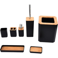 Wisecoco 7-Piece Bathroom Accessory Set, Wooden Bath Set, Toothbrush Holder, Toothbrush Cup, Soap Dispenser, Soap Dish, Toilet Brush Holder, Bin for Home and Hotel (Black)