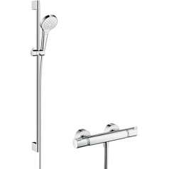 hansgrohe Croma Select S - Duschset mit Thermostat Ecostat Comfort, runder Duschkopf mit Brausestange 90cm, Duschkopfhalterung und Brauseschlauch 1,60m, Duschbrause mit 3 Strahlarten, Weiß/Chrom
