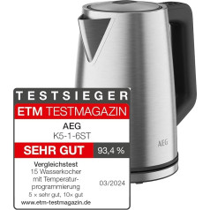 Чайник AEG K5-1-6ST Deli 5 / 2400 Вт / 5 регулируемых уровней температуры / 1,7 л / 3-стороннее автоматическое защитное отключение / функция защиты от прот