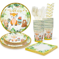 fanquare Jungle Safari Party Tableware Set 192 Pieces Party Accessories for 24 Guests Animal Fox Paper Plates Cups Napkins and Cutlery Children Birthday Party Supplies