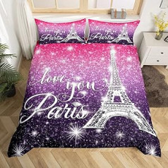 Paris Duvet Cover 140 x 200 cm Bedding Set Eiffel Tower Kids Bedding Starry Sky for Boys Girls Teenagers Romantic Theme French Decoration Purple