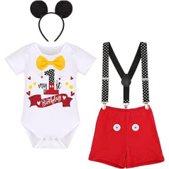 IBTOM CASTLE First Birthday Formal Gentleman Outfit for Baby Boy Cake Smash Mickey Mouse Fancy Dress Up Costume Romper Nappy Cover Braces Bow Tie Party Clothing Set for Photo Shooting
