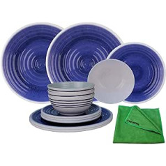 HEKERS 100% Melamine Tableware Azure - Set of 12 4 Blue / White Stoneware Look / 1 x Hekers Microfibre Cloth Green Outdoor Dinner Plate Dessert Plate Soup Bowl Picnic Camping Dishwasher Safe