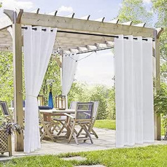 PONY DANCE Outdoor Curtain with Eyelets Patio Curtains Transparent Curtains White Balcony Curtain Linen Look Outdoor Curtains for Garden Arbour and Gazebo, 2 Pieces H 213 x W 137 cm