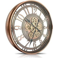 DORBOKER Large Wall Clock with Movable Gears Modern Industrial Steampunk XXL Vintage Retro Antique Metal Clock for Kitchen Living Room Home Bar School (53.5 cm, Red Copper Arabic Numbers)