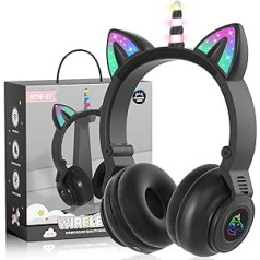 JYPS Unicorn Bluetooth Headphones, Wireless/Wired Kids Headphones Girls with LED Light, Headphones Kids Over Ear with Microphone and SD Card Slot for iPad/Kindle/Tablet (Black)