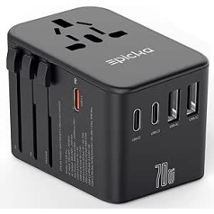 EPICKA Travel Adapter Worldwide, GaN Universal Travel Plug 70W PD Fast Charger, Travel Adapter with 3 USB-C, 2 USB-A, International Socket Adapter for DE USA UK Japan Thailand TA-105 Pro