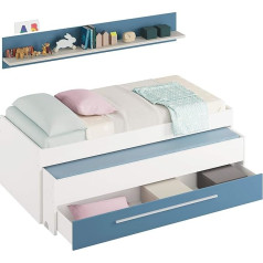 Habitdesign Каркас кровати со вторым ящиком с комодом и подходящей настенной полкой, белый и светло-голубой, имитация дерева 199 x 65 x 95 см