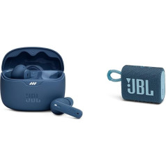 JBL Tune Beam - водонепроницаемые беспроводные наушники-вкладыши и GO 3 Small Bluetooth Box в синем цвете - водонепроницаемая портативная колонка для путеш