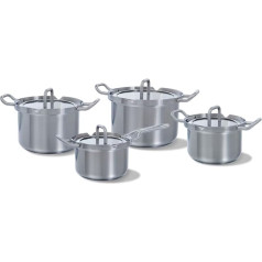 BK Q-Linair Master Glass Stainless Steel Induction Compatible 4-Piece Cookware Pots and Pans Set with Glass Strainer Lid, Oven Safe up to 220C, Stay Cool Handles, Dishwasher Safe, PFAS Free, Silver