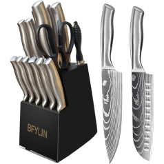 BFYLIN Knife Set, 15-Piece Kitchen Knife Set with Wooden Block, Knife Block Set, Santoku Knife, Chef's Knife, Bread Knife, Paring Knife, Steak Knife, Sharpener (Silver)