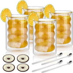 Spyrtb Latte Macchiato Gläser Doppelwandig 350ml 4er Pack mit Löffeln und Untersetzern,Spiralförmig Espressotassen Thermogläser Doppelwandig Teegläser für Latte, Tee, EIS, Cappuccino, Iced Americano, Saft